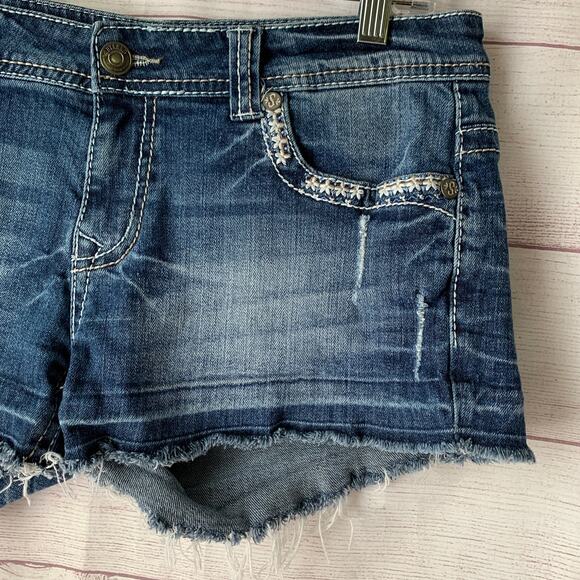 Shyanne Distressed Denim Jean Shorts Cutoffs Embroidered Jewel Detail Size 30 - Picture 3 of 16